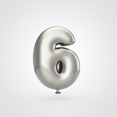 Glossy silver balloon number 6 isolated on white background.