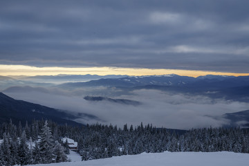 Early morning in the mountains. Sunrise. Winter.