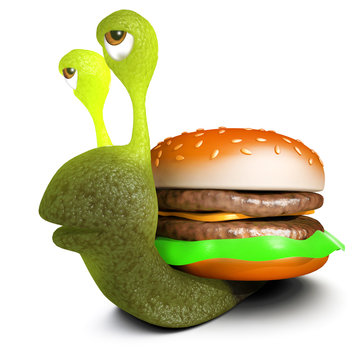 3d Funny cartoon snail character carrying a beef burger
