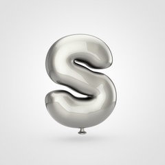Glossy silver balloon letter S uppercase isolated on white background.