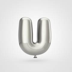 Glossy silver balloon letter U uppercase isolated on white background.