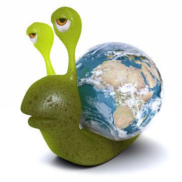 3d Funny cartoon snail character carrying the world on his back