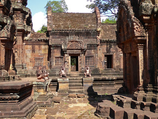 Banteay Srei is built largely of red sandstone, a medium that lends itself to the elaborate decorative wall carvings which are still observable today