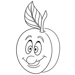 Coloring book. Coloring page. Cartoon Apricot character. Happy fruit symbol. Food icon. Freehand sketch drawing. Design element for kids t-shirt print, labels, patches or stickers.