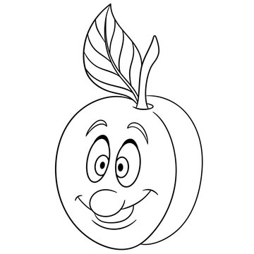 Coloring book. Coloring page. Cartoon Apricot character. Happy fruit symbol. Food icon. Freehand sketch drawing. Design element for kids t-shirt print, labels, patches or stickers.