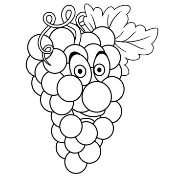 Coloring book. Coloring page. Cartoon Grapes character. Happy fruit symbol. Food icon. Freehand sketch drawing. Design element for kids t-shirt print, labels, patches or stickers.