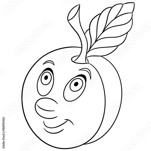 coloring book coloring page cartoon plum character happy fruit symbol food icon freehand sketch drawing design element for kids t shirt print labels patches or stickers sticker sybirko