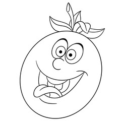 Coloring book. Coloring page. Cartoon Tomato character. Happy fruit symbol. Food icon. Freehand sketch drawing. Design element for kids t-shirt print, labels, patches or stickers.