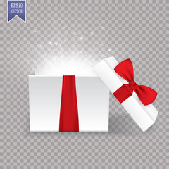 Opened gift box with red bow and lights
