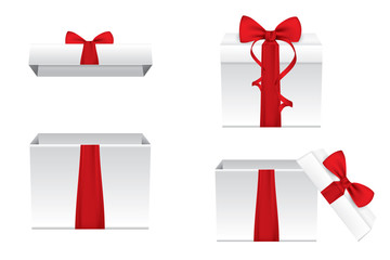 Collection of 3d gift boxes with satin red bows. Realistic vector illustration.


