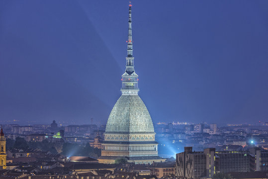 Italy, Piemont, Turin, Aerial view with Mole Antonelliana at night