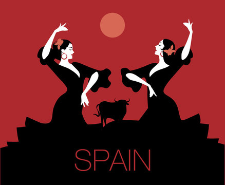 Two Spanish flamenco dancers dancing "sevillanas", typical Spanish dance. Bull, moon or sun in the background.