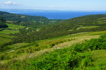 Fototapeta na wymiar Scottish landscape with green rolling hills in the Isle of Arran, Scotland
