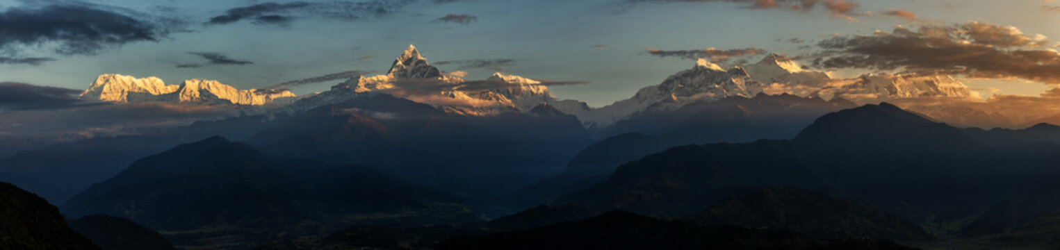 Nepal, Annapurna, Pokhara, Annapurna South, Machapuchare, panoramic view