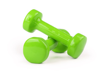 Two green dumbbells isolated on white background