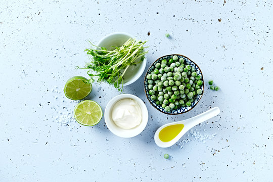 Raw ingredients for a vegetarian pea soup