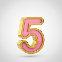 Pink number 5 with golden outline isolated on white background.