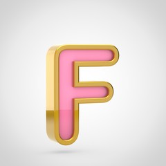 Pink letter F uppercase with golden outline isolated on white background.