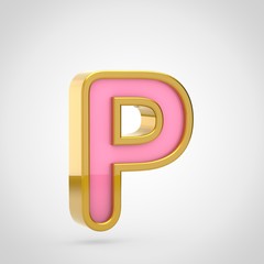 Obraz premium Pink letter P uppercase with golden outline isolated on white background.