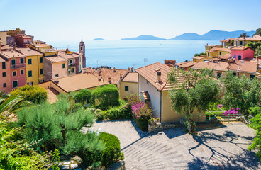 Tellaro village panoramic view of beautiful colorful mediterranean houses, Lerici, La Spezia, Italy.