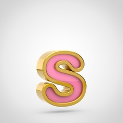 Obraz premium Pink letter S lowercase with golden outline isolated on white background.