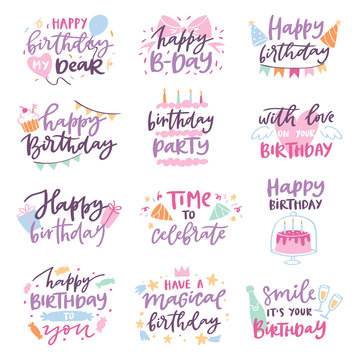 Happy birthday quote anniversary text sign kids birth lettering type with calligraphy letters or textual font for anniversary greeting card to typography illustration isolated on white