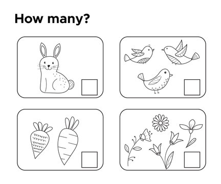 How many objects? Task for preschool kids. Coloring page or book. Learning mathematics, numbers. Math game. Vector illustrator.