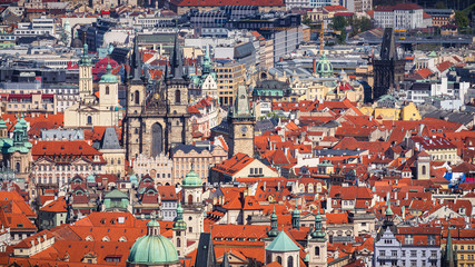 Fototapeta na wymiar Panoramic view of Old town of Prague with tiled roofs. Prague, Czech Republic