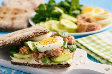 Tuna salad sandwiches with eggs and cucumbers.