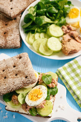 Tuna salad sandwiches with eggs and cucumbers.