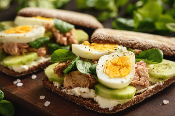 Tuna salad sandwiches with eggs and cucumbers.