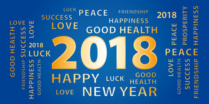 2018 Happy New Year greetings vector banner. Blue and gold.