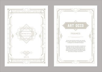 Art Deco frame design. Geometric frames for wedding invitations, cards and posters light gold color on white background. Vintage style.