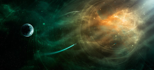 Fototapeta na wymiar Space scene. Orange and green nebula with planet and spaceships. Elements furnished by NASA. 3D rendering