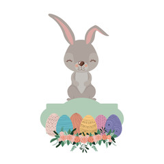 bunny on top of frame with easter eggs and ornament floral in colorful silhouette