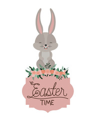 easter time frame with bunny on top and ornament floral in colorful silhouette