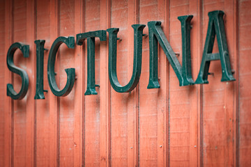 Sigtuna sign on building in Sweden, Europe