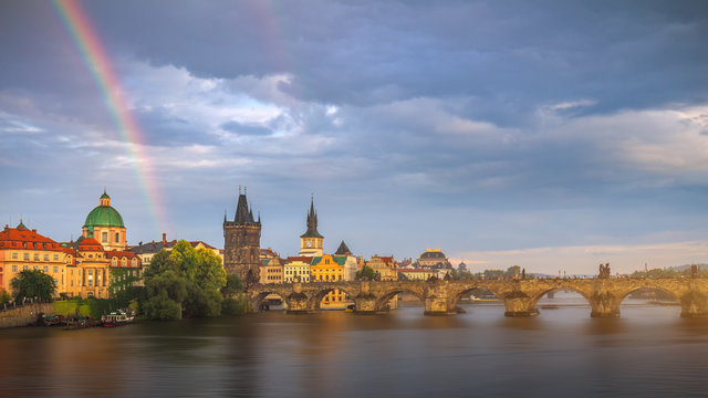 Rainbow over Charles Bridge after a storm in the summer, Prague, Czech Republic