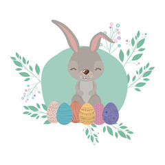 easter background with rabbit and easter eggs in floral decoration in colorful silhouette