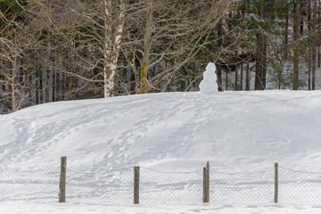 Snowman in the sun behind a fence