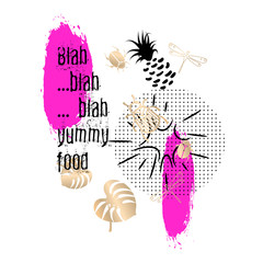 Tshirt pop art neon colors design vector. Chaotic collage poster template text phrase and gold bug objects.