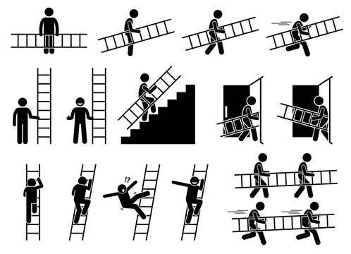 Man with a ladder. Pictogram showing a man holding and carrying a ladder while walking and running. The person also climbing up and down from the ladder. 