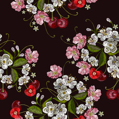 Embroidery cherry. Template for clothes, textiles, t-shirt design. Blossom tree and cherry fruit berry seamless pattern
