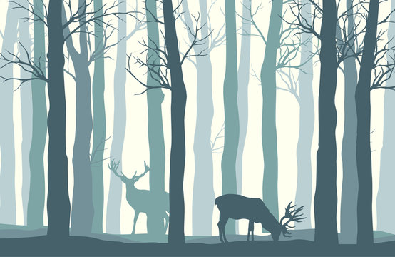Vector forest landscape with two deer in pastel tones - vintage background