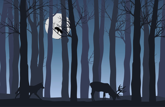 Vector flat illustration of night forest landscape with silhouettes of trees and animals with shining fulll moon