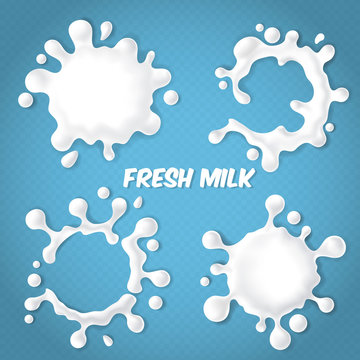 Vector set of realistic milk splashes with drops isolated on blue transparent background. Fresh natural dairy products, cream or yogurt blots, abstract white shapes. Milky labels for package design