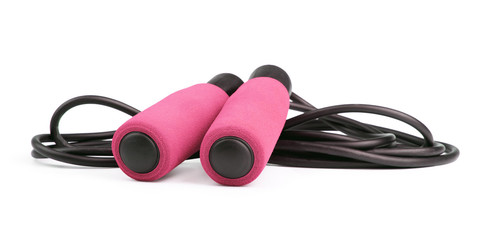 Pink jump rope or skipping rope isolated on white background. Sports, fitness, cardio, martial art and boxing accessories.