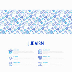 Fototapeta na wymiar Judaism concept with thin line icons: Orthodox jew, star of David, sufganiyot, hamsa, candles, synagogue, skullcap, rosary, Western Wal, Tanakh. Modern vector illustration, template for web page.