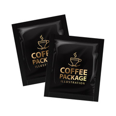 Realistic offee or cocoa sachet. Vector mock up template set. Product packaging on white background