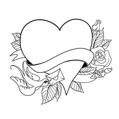 Vector Valentines Day greeting card with heart, made in classic old school tattoo style. Retro design. Black contour on white background, can be used for coloring book